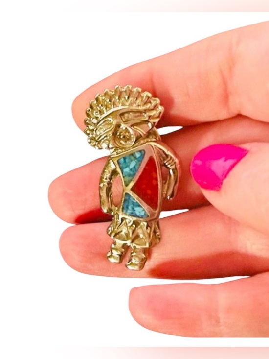 Vintage Jewelry - Vintage Kachina Silver and Turquoise Lapel Pin